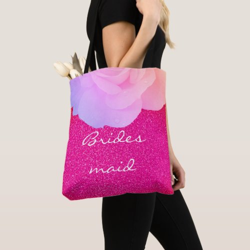 Bridesmaid Pink Glittery Rose Gold Floral Wedding Tote Bag