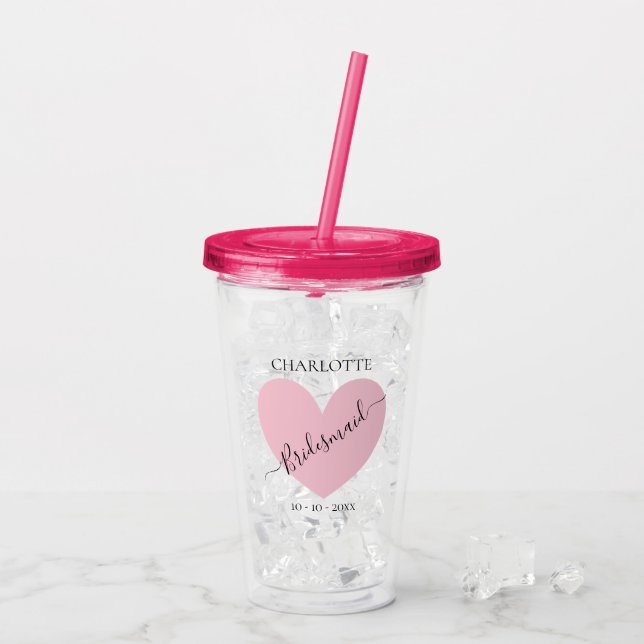 Bridesmaid Pink Heart Bridal Party Personalized Acrylic Tumbler (Back Ice)