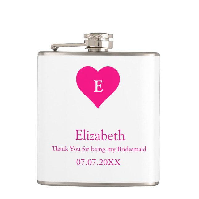 Bridesmaid Pink Heart Custom Gift Hip Flask (Front)