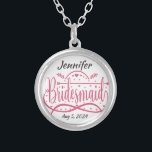 Bridesmaid pink hearts personalized bridal gift silver plated necklace<br><div class="desc">Lovely gift for a bridesmaid. Pink hearts and calligraphy lettering which can be personalized with own name and date.</div>