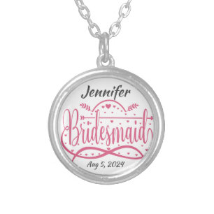 Bridesmaid pink hearts personalized bridal gift silver plated necklace