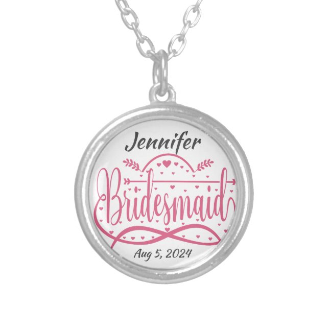 Bridesmaid pink hearts personalized bridal gift silver plated necklace (Front)