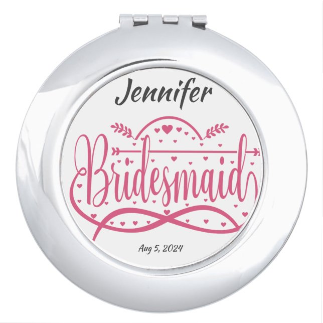 Bridesmaid pink hearts personalized bridal party  compact mirror (Front)