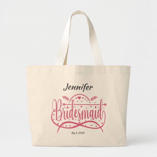 Bridesmaid pink hearts personalized bridal party large tote bag (Front)