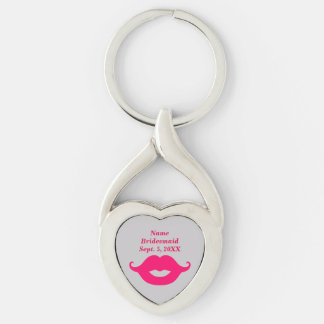 Bridesmaid Pink Mustache Twisted Heart Keychain