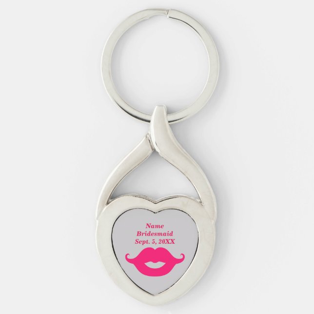 Bridesmaid Pink Mustache Twisted Heart Keychain (Front)