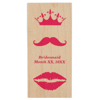 Bridesmaid Pink Mustache USB Wooden Flash Drive
