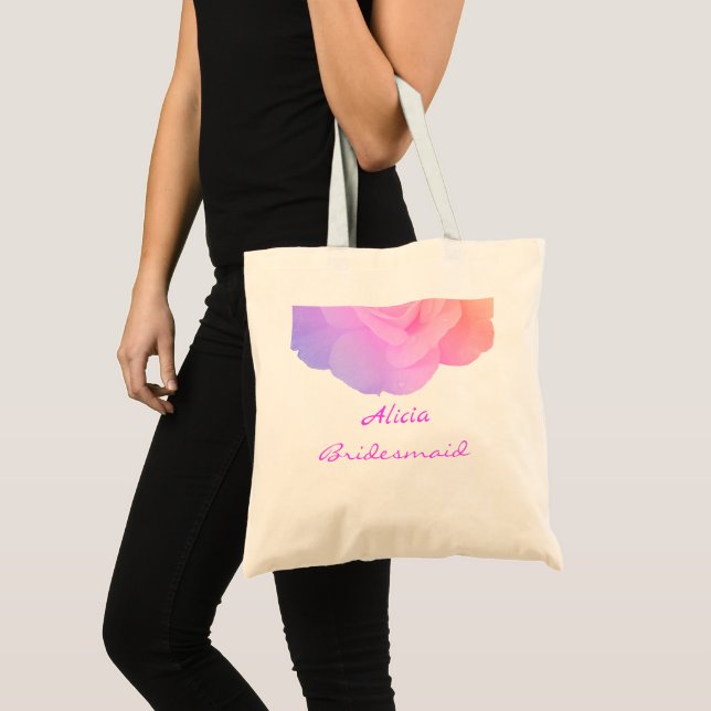 Bridesmaid Pink Rose Custom Name Floral Wedding Tote Bag (Front (Product))
