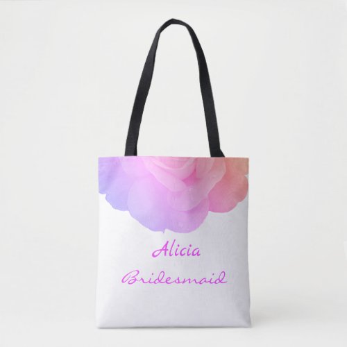 Bridesmaid Pink Rose Custom Name Wedding Floral Tote Bag