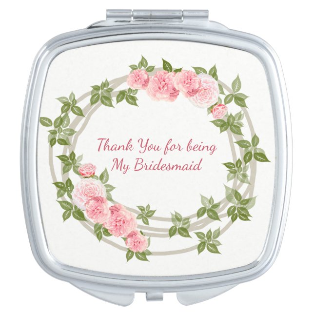 Bridesmaid, Pink Roses Floral, Custom, Makeup Mirror (Front)