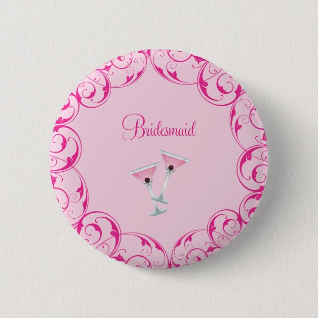 Bridesmaid Pink Swirl Martini Button (Front)