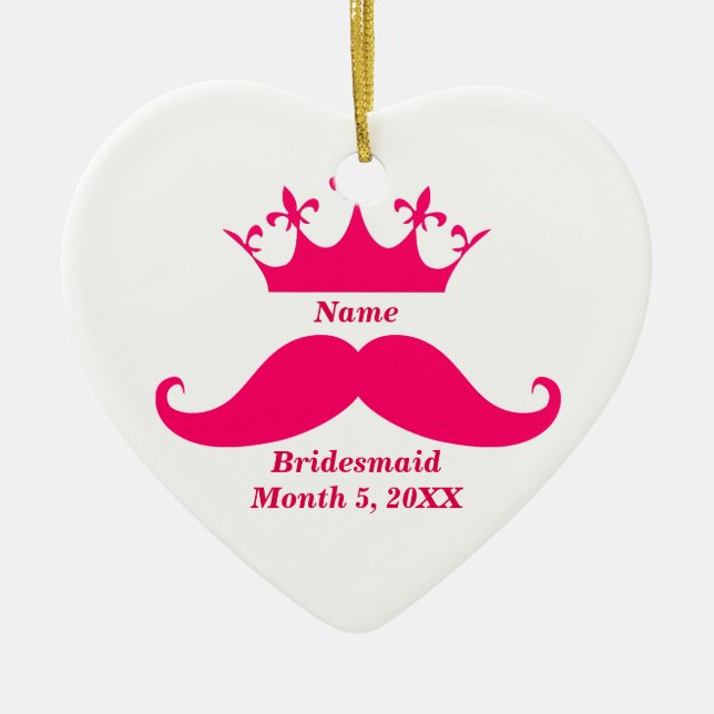 Bridesmaid Pink Tiara and Mustache Heart Ornament (Front)