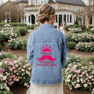 Bridesmaid Pink Tiara Name Mustache Date Wedding Denim Jacket