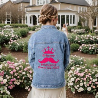 Bridesmaid Pink Tiara Name Mustache Date Wedding Denim Jacket