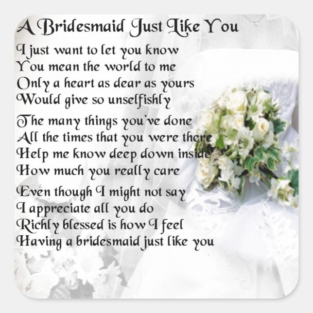 Bridesmaid Poem Wedding Bouquet Square Sticker (Front)