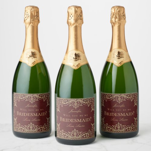 Bridesmaid Proposal Burgundy Gold  Elegant Vintage Sparkling Wine Label