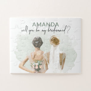 Bridesmaid Proposal Custom Name Green Watercolor Jigsaw Puzzle