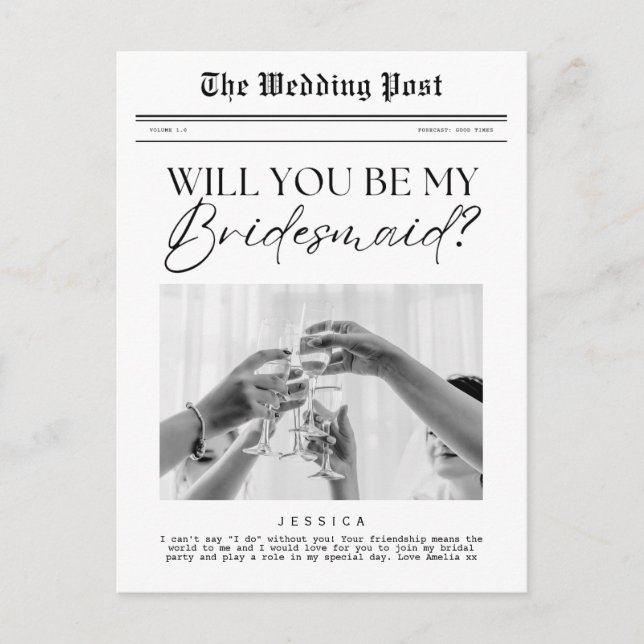 Bridesmaid Proposal, Customizable Newspaper  Postcard (Front)