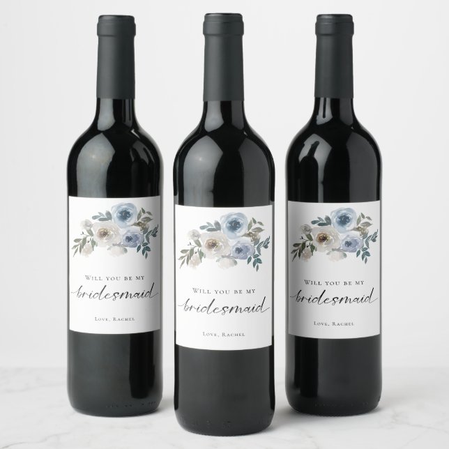 Bridesmaid Proposal Dusty Blue Floral Wedding Wine Label (Bottles)