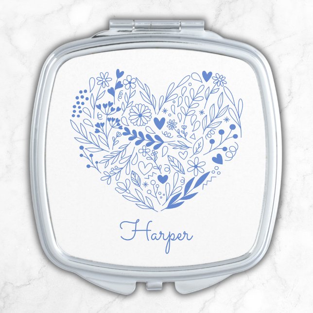 Bridesmaid Proposal Gift Monogram Name Heart Blue Compact Mirror (Creator Uploaded)