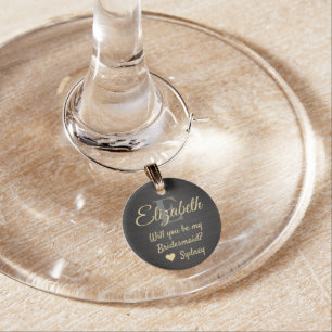 Bridesmaid Proposal Monogram Brushed Black & Gold Wine Charm