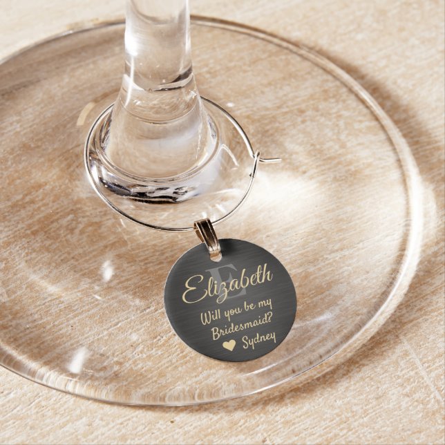 Bridesmaid Proposal Monogram Brushed Black & Gold Wine Charm (In Situ)