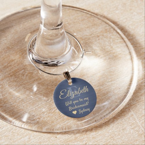 Bridesmaid Proposal Monogram Brushed Blue and Gold Wine Charm