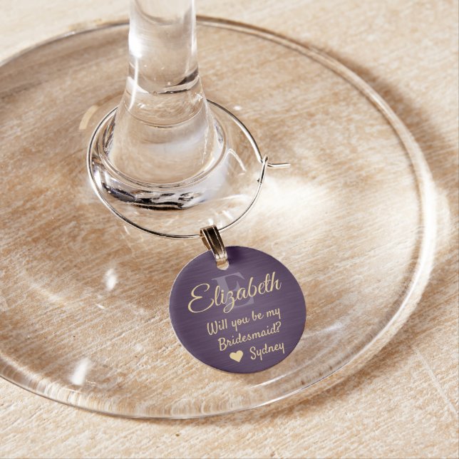 Bridesmaid Proposal Monogram Brushed Purple & Gold Wine Charm (In Situ)