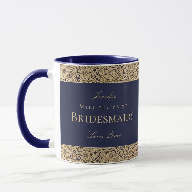 Bridesmaid Proposal Navy Blue Vintage  Gold Roses Mug (Left)