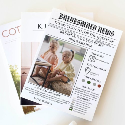 Bridesmaid proposal newspaperBridesmaid info card