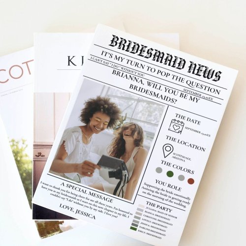 Bridesmaid proposal newspaperBridesmaid info card