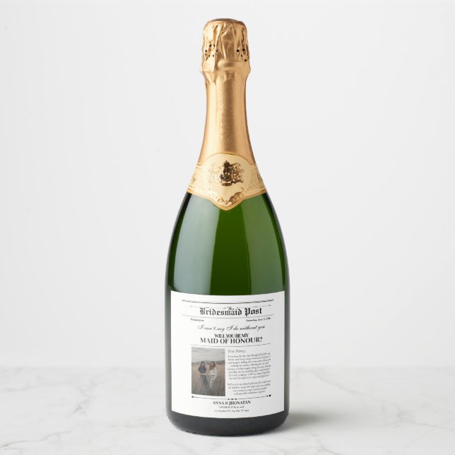 Bridesmaid Proposal Newspaper Photo  Sparkling Wine Label (Front)