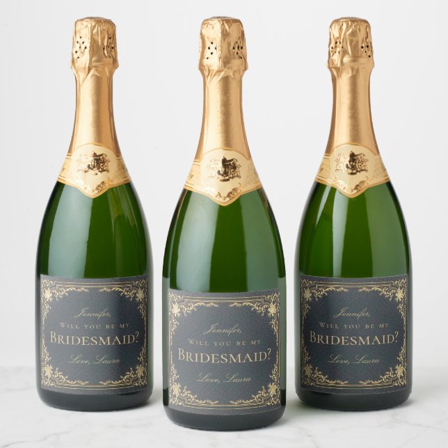 Bridesmaid Proposal Vintage Elegant Navy Blue Gold Sparkling Wine Label (Bottles)