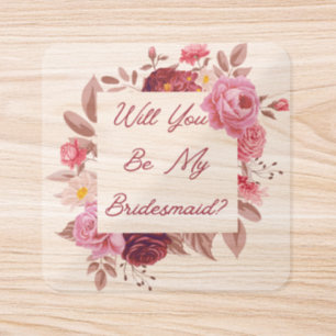 bridesmaid proposal, watercolor pink floral clear square sticker