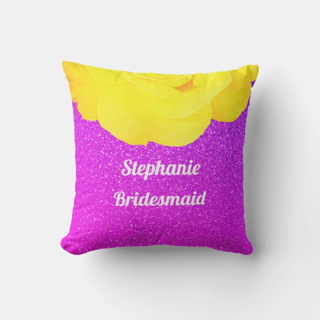 Bridesmaid Purple Glitter Wedding Yellow Floral Outdoor Pillow (Front)