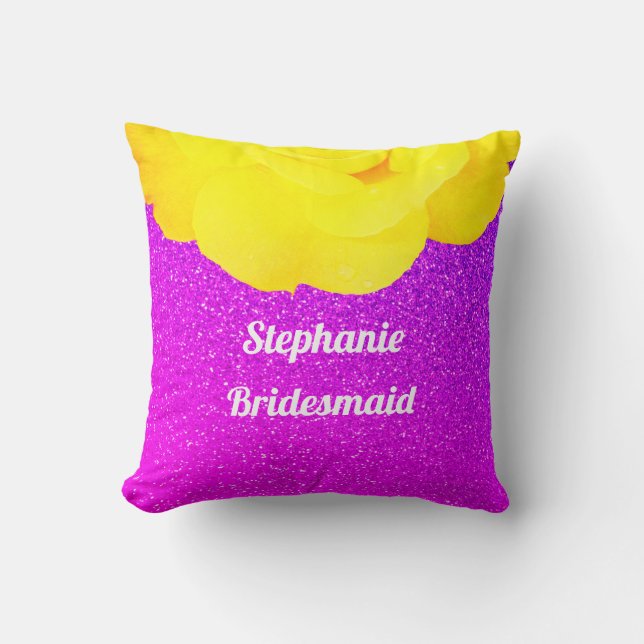 Bridesmaid Purple Glitter Wedding Yellow Floral Throw Pillow (Front)