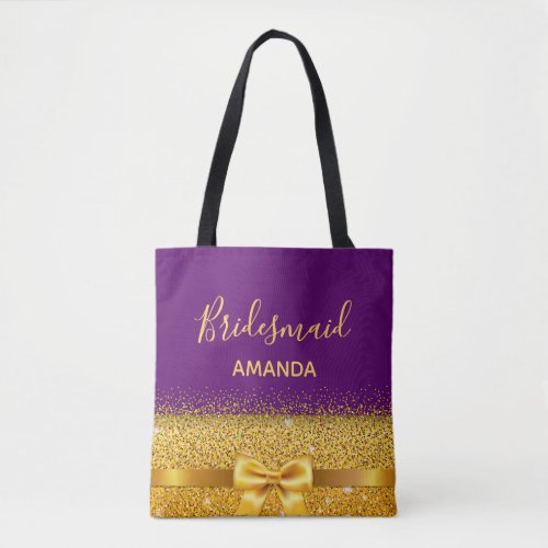 Bridesmaid purple gold name elegant wedding tote bag