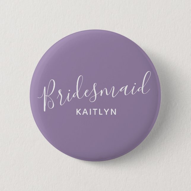 Bridesmaid purple with white text wedding button (Front)