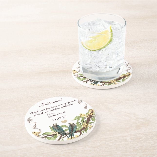 Bridesmaid Reception Teal Vintage Bird Coasters (Side)