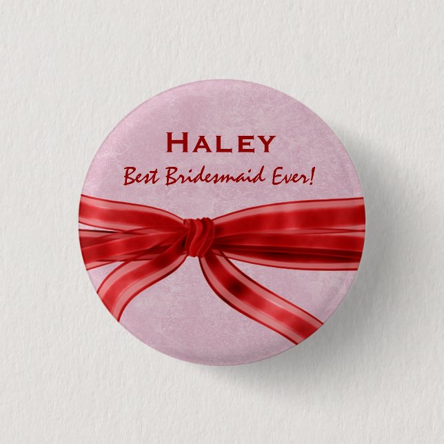 Bridesmaid Red Bow Custom Name V8 Pinback Button (Front)