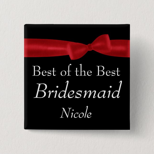 BRIDESMAID  Red Bow Wedding Custom Name Button (Front)