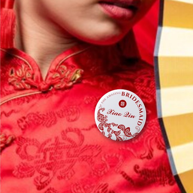 BRIDESMAID Red Floral Boho Peacock Chinese Wedding Button (BRIDESMAID Red Floral Boho Peacock Double Happiness Chinese Wedding Pin Button @ fatfatin_red_knot)
