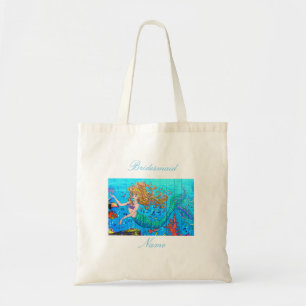Bridesmaid redheaded blue-tail mermaid tote bag