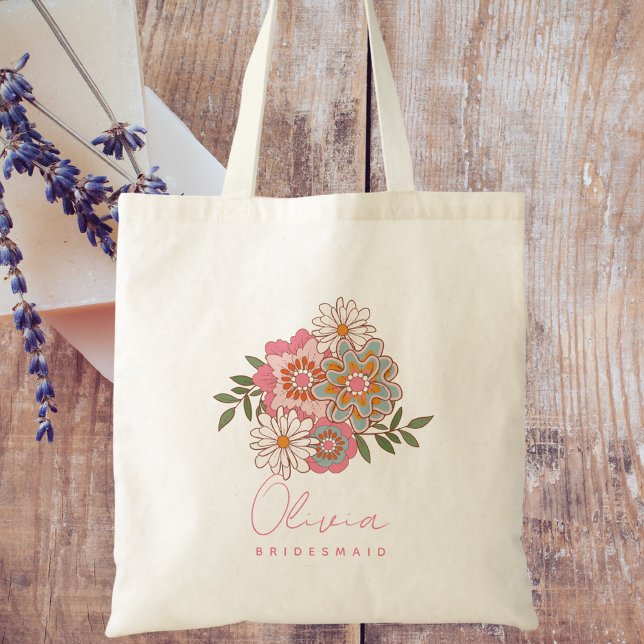 Bridesmaid Retro Floral Modern Minimalist Script Tote Bag (Creator Uploaded)