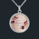 Bridesmaid rose gold floral burgundy wedding sterling silver necklace<br><div class="desc">A trendy bohemian boho style gift for the Bridesmaid. Decorated with watercolored roses in burgundy and pink. Trendy rose gold faux metallic looking background. A faux gold geometric frame. With the text: Bridesmaid written with a hand lettered style script. Template for the Bridesmaid name name and a date. Burgundy colored...</div>