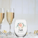 Bridesmaid rose gold florals eucalyptus stemless wine glass<br><div class="desc">Transparent background. Personalize and add your bridesmaid's. Black text. Decorated with watercolored rose gold rose,  eucalyptus greenery and golden sprigs.</div>
