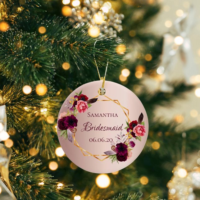 Bridesmaid rose gold flowers burgundy name ceramic ornament (Creator Uploaded)
