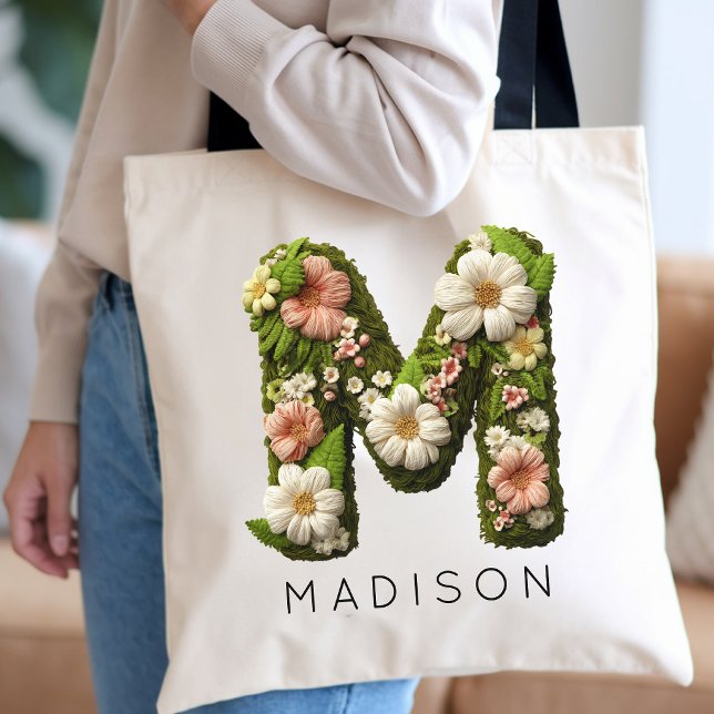 Bridesmaid | Rustic Garden Monogram Mother’s Day Tote Bag (Faux Embroidery Floral Letter Tote for Teacher Gift | Rustic Garden Monogram Tote Bag Gift for Bride)