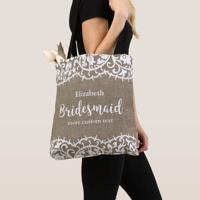 Bridesmaid Rustic Lace Burlap Personalized Wedding Tote Bag (Close Up)