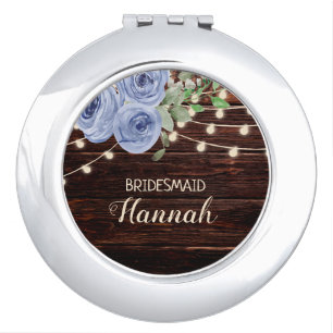 Bridesmaid Rustic Wood String Lights Blue Floral Compact Mirror
